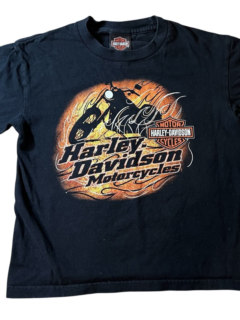 Harley-Davidson Black Tee with Orange & Yellow Flame Motorcycle Graphic